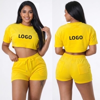 Ensemble deux pièces de sport d'été pour femmes 2024 avec logo personnalisé, débardeur court à manches courtes, t-shirt à manches courtes, short uni, 100% coton