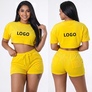 2024 <b>Women's</b> Custom Logo Summer Sports Jogging Two-Piece <b>Set</b> Crop Tank Top <b>Short</b> Sleeve <b>T</b>-<b>Shirt</b> <b>Shorts</b> Solid 100% Cotton - Product Image 1