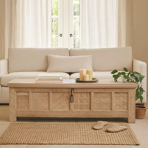 Mesa de Centro de Madera Tallada a Mano con Almacenamiento, Estilo Rústico Boho, Diseño Personalizable, Forma Personalizada para Sala de Estar - Product Image 1