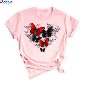 Camiseta estampada de manga corta para mujer, estilo dulce, top con estampado de rosas y mariposas, holgada y transpirable - Product Image 1