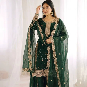 Women Embroidered <b>Kurti</b> Sharara Set with Dupatta – Heavy Designer Festive Ethnic Wear Palazzo Suit for Wedding - Product Image 1