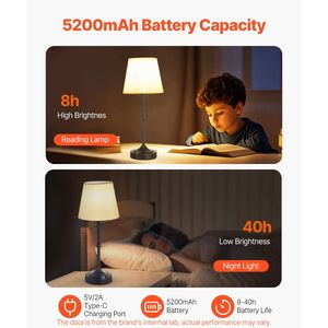 Set di 2 Lampade da Tavolo Senza Fili con Batteria Ricaricabile da 5200mAh, 3 Livelli di Luminosità, Paralume in Tessuto, Colore 2700-3000K per Camere da Letto - Product Image 4