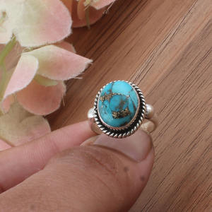 Vente en gros de turquoise cuivre bleu naturel sertie dans un cadre en argent sterling 925, bijoux vintage bohème, bijoux de déclaration pour femmes, pierre précieuse pour le doigt - Product Image 4
