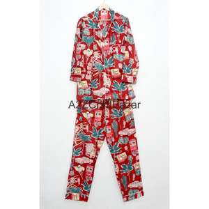 Conjunto de Pijama de 2 Piezas para Mujer, Hecho a Mano, Vintage, Romántico, Clásico, Floral, 100% Algodón, Cintura Elástica, Mangas Largas - Product Image 1