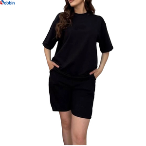 Conjuntos Personalizados de 2 Piezas para Mujer, Conjunto de Pantalones Cortos de Punto, Cuello Redondo, Manga Tres Cuartos, Color Negro Sólido, Estilo Casual Holgado, Ropa de Primavera/Verano - Product Image 1
