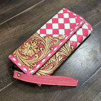 Ensemble assorti sac à main et portefeuille en cuir de vachette fait main, motif à carreaux rose et blanc, prix bas, personnalisable en usine