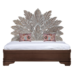 Cabecero de Cama King Size de Madera Tallada con Diseño de Hoja de Palma, Estilo Boho, Color Gris Lavado, Decoración para el Hogar - Product Image 2