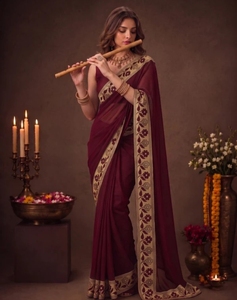 KV Women's Printed Bollywood for Blend Chiffon Border <b>Saree</b> (<b>Maroon</b>) Reversible Quick Dry Wrinkle Free - Product Image 6