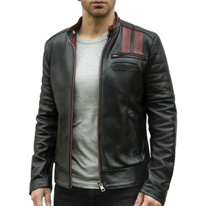 Vestes streetwear pour hommes en cuir véritable noir avec accents de rayures rouges, col montant, fermeture éclair sur le devant, coupe ajustée, vêtements d'extérieur d'hiver personnalisés de qualité supérieure - Product Image 5