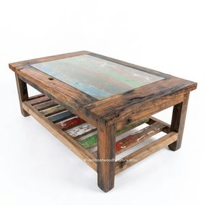 Rustic Solid Wood Durable Eco-Friendly Handmade <b>Coffee</b> <b>Table</b> Storage Glass Top Antique Finish Indoor Outdoor Living Room - Product Image 2