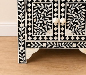 Mesa Auxiliar y Taburete de Diseño Moderno de Lujo con Incrustaciones de Hueso Cuadradas y Resina de Madera, Patrón Floral para Sala de Estar, en Oferta - Product Image 3