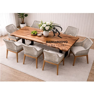 Juego de Mesa de Comedor de Madera Monkey Pod con 8 Sillas de Respaldo Sólido y Detalles de Cuerda Tejida, Diseño Moderno para Comedores - Product Image 1