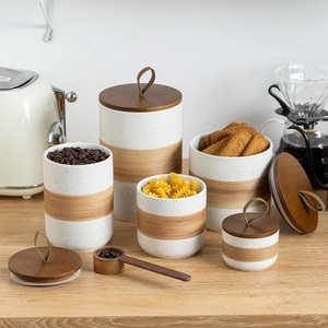 Premium Ceramic Coffee Canister Wooden <b>Lid</b> Speckled Glaze Airtight Storage Jar Freshness Keeper Kitchen Counter <b>Decor</b> - Product Image 3