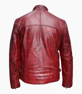 <b>Men's</b> Red Genuine <b>Leather</b> Stand Collar Zipper Closure Regular Fit Autumn Style Moto <b>Jacket</b> Available For Online Sale - Product Image 4