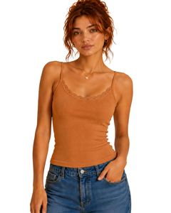 Top corto de tirantes finos con encaje y canalé para mujer, de algodón, ajustado, informal, de verano, estilo camiseta sin mangas, a la moda, color naranja - Product Image 1