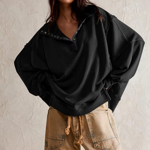 Sudadera de punto rosa oversize para mujer con cuello abotonado y detalles de remaches, hombros caídos, manga larga, ropa casual de otoño - Product Image 3