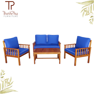 Teak Wood Garden Set Outdoor Furniture 4 Seater Contemporary Design Weather Resistant Blue <b>Cushions</b> Solid Wood Frame - Product Image 3