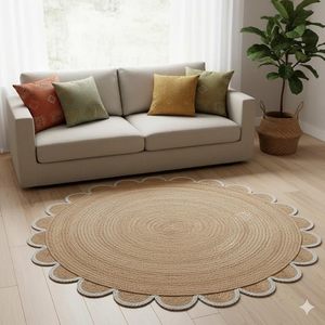 Wholesale Round Jute Scalloped <b>Rug</b> Handwoven Natural Braided Carpet <b>Boho</b> Style for Living Room Bedroom Home Decor OEM ODM - Product Image 3