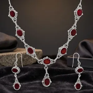 Red Garnet 925 Sterling Silver Necklace <b>Earrings</b> Set Oval Bezel Setting Women's Vintage Party Jewelry Elegant Statement Set Gift - Product Image 6
