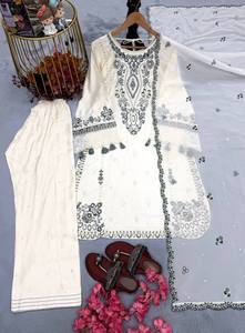 Conjunto de Salwar Kameez Blanco Bordado con Dupatta de Encaje y Pantalones Palazzo para Bodas, Fiestas y Uso Casual - Product Image 3