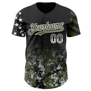 Camiseta de Béisbol Personalizada con Cuello en V, Diseño de Camuflaje Blanco-Oliva con Degradado de Estrellas y Rayas Digitales, Bandera de EE. UU. en Negro, Auténtica, 100% Poliéster - Product Image 1
