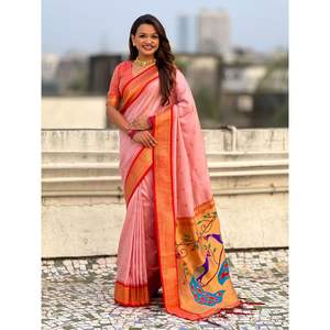 Sari en soie Paithani traditionnel Elite Weaves avec motifs tissés Zari et pallu paon Meenakari pour mariages indiens/pakistanais - Product Image 6