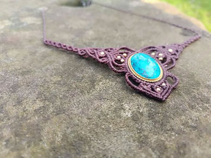 Handmade Turquoise Macrame <b>Necklace</b> Purple Intricate Macrame Pendant Boho Tribal Healing Crystal Gemstone Jewelry for Women - Product Image 2