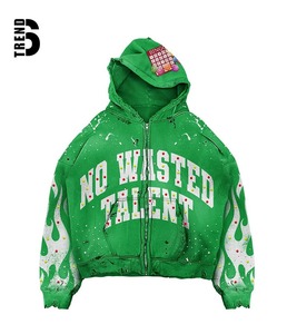 Sweat-shirts à capuche zippés surdimensionnés personnalisés de qualité supérieure pour hommes, imprimés DTG, effet vieilli, bords bruts, doublure polaire unie, style Y2K, 100 % coton - Product Image 2