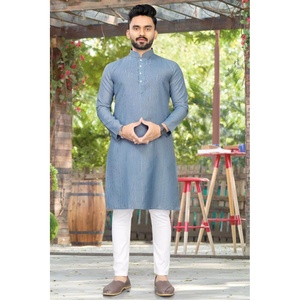 แบบดั้งเดิมผ้าฝ้ายแท้ทอผ้าเงินแท้ kurta กับ payjama สีเทา - Product Image 1