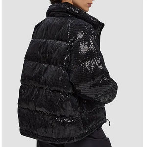 Manteau d'hiver court décontracté pour femme 2025, noir, à sequins dorés, col montant, matelassé, avec fermeture éclair - Product Image 6