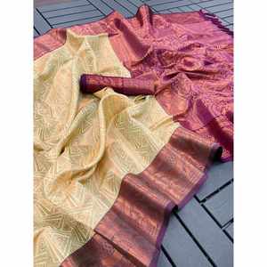 Sari en soie 100% avec travail de zari, style Kubera Pattu Kanchipuram, pour occasions spéciales, avec blouse non cousue, couleur crème - Product Image 1