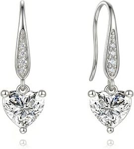 Boucles d'oreilles pendantes en argent 925 avec diamant taille cœur, plaqué or blanc, sertissage griffe, cadeau romantique pour femme, bijoux pour la Saint-Valentin - Product Image 1