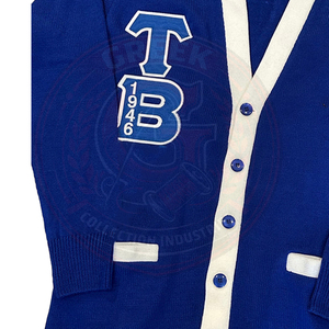 Fraternity sorority Blue acrylic Knitted <b>Cardigan</b> <b>Sweater</b> Greek letter TB Logo White Trim Full Sleeve Embroidery collage wear - Product Image 2