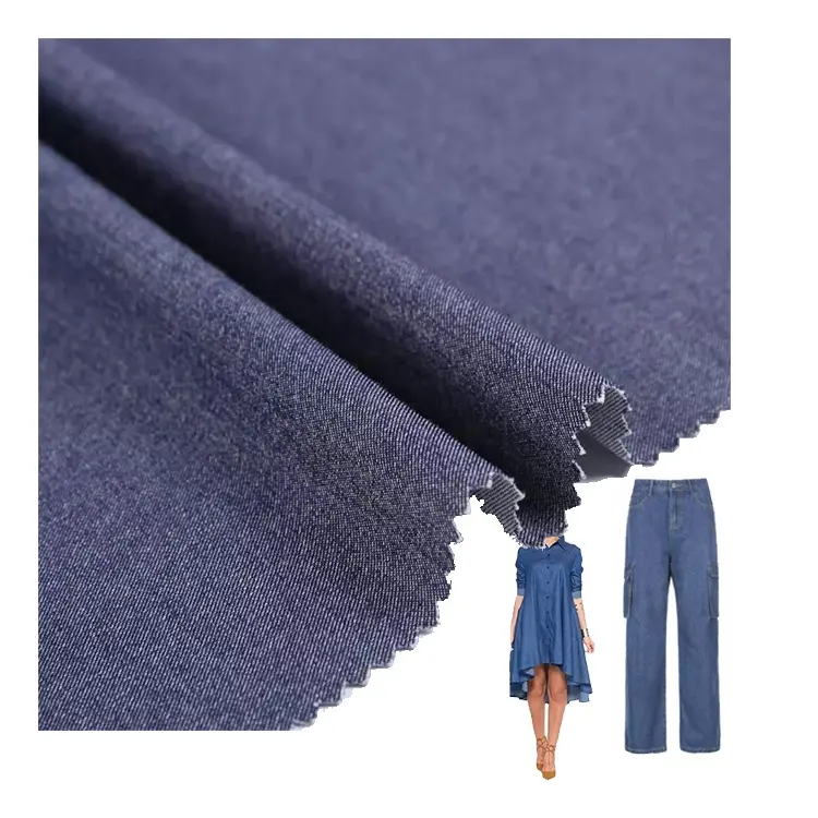 Venta al por mayor China 250GSM elástico poli nylon liso tinte sarga elastano Denim grosgrain estiramiento industrial rollo de tela vaquera para pantalón