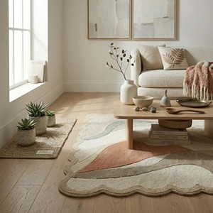 พรมลายคลื่นสีเบจโทนเอิร์ธโทน ดีไซน์ทันสมัย สำหรับห้องนั่งเล่น ห้องนอน ใช้ตกแต่งพื้น - Product Image 5