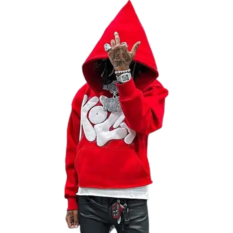 Özel üretici boy hoody rhinestone kırpma üst polar ham hem kesim kenar 3d puf baskı erkekler kırpılmış hoodie