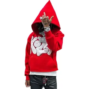 Fabricante personalizado oversized hoody strass colheita top velo cru hem cortar borda 3d sopro impressão homens cortados com capuz