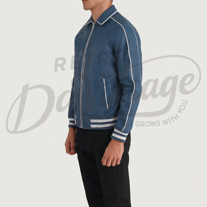 Men Blue Genuine Leather Bomber <b>Jacket</b> with White Racing Stripes and Contrast Ribbed Cuffs <b>Slim</b> <b>Fit</b> Sporty Outwear - Product Image 5