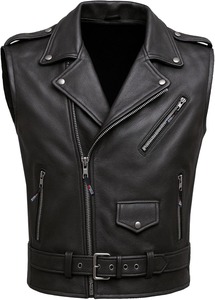 <b>Men's</b> Black Genuine <b>Leather</b> Casual Lace Moto <b>Vest</b> V-neck Zipper Closure Plus Size Regular Fit Solid Color Outerwear - Product Image 5
