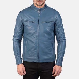 Chaqueta de Cuero Azul para Hombre, Cuello Alto, Cierre de Cremallera, Estilo Motociclista, Corte Ajustado, Largo Regular, Color Sólido, para Otoño - Product Image 1