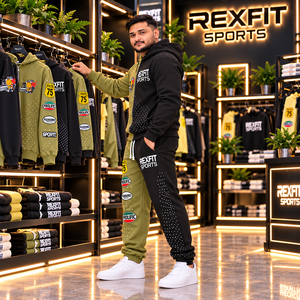 Rexfit sports2026 Custom Olive <b>Green</b> <b>Black</b> Men’s Zip Hoodie Tracksuit Set | Color Block Matching Jogger Pants | Wholesale Sports - Product Image 6