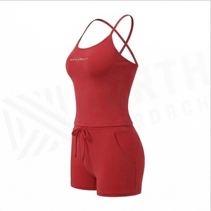 North Approach 2 Piece Yoga Set Crisscross Strap Crop <b>Top</b> Shorts Solid Red Breathable Women's Sportswear - Product Image 6