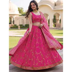 Pink Embroidered Silk Lehenga Choli for <b>Wedding</b> - Product Image 6