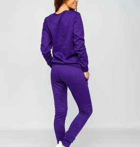 <b>Women's</b> Purple Casual 2 Piece <b>Knitted</b> Sweat Suit <b>Joggers</b> Set Crew Neck Full Sleeve Solid Color Regular Fit Breathable 350Gsm - Product Image 2