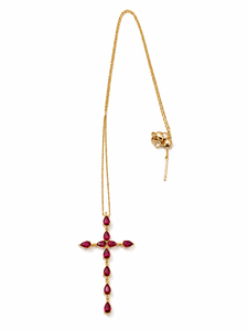 Custom Rhodium Plated <b>Necklace</b> Red <b>Ruby</b> Cross Pendant Pear Cut Gemstone Cluster Drop Chain Jewelry Women Holiday Gift Religious - Product Image 1