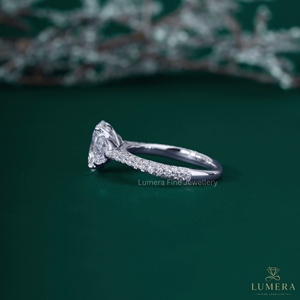 Oval Cut Lab Grown Diamond Three Stone Engagement <b>Ring</b> 14K 18K White Gold Half <b>Moon</b> Side Stone Multi Row Pave Band Bridal <b>Ring</b> - Product Image 5