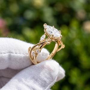 Nature Inspire Marquise Cut Moissanite <b>Tree</b> <b>Branch</b> Leaf Ring 3CT original 925 Silver With Gold Plated Anniversary Gift For Partn - Product Image 6