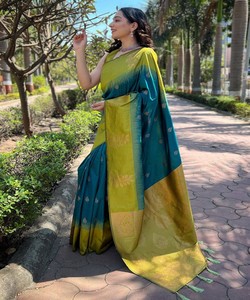 Sari Tradicional Indio de Seda para Mujer, Estilo Banarasi, Verde Azul, Largo hasta el Suelo, Vestido de Boda, Ropa Étnica para Todas las Temporadas - Product Image 3