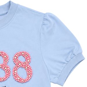 1938 เสื้อยืดสีฟ้าสำหรับผู้หญิง แขนพองประดับมุกสีชมพู ผ้าฝ้ายเนื้อนุ่ม คอกลม เสื้อแฟชั่นลำลอง ประดับตกแต่งอย่างหรูหรา ใส่ได้ทุกวัน - Product Image 5