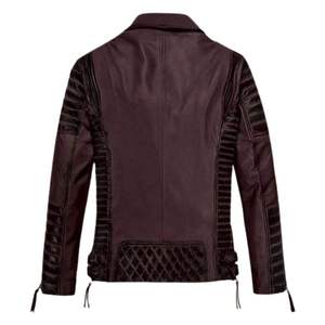 <b>Women</b> <b>Burgundy</b> Leather Biker <b>Jacket</b> Full Sleeve Windproof All Seasons Motorcycle Street Wear Style - Product Image 2